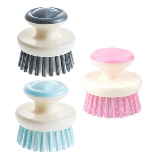 Dish Scrubber Brush with Handle, 3 Pack Kitchen Scrub Brush for Dishes, Sink Cleaning Brush for Bowl Pot Pan Vegetables(Pink/Blue/Grey)