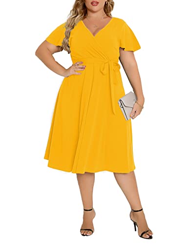 Agmibrelr Women's Plus Size Flutter Sleeve Dress Deep V Neck A-Line Party Wrap Swing Dress Dark Yellow 3XL