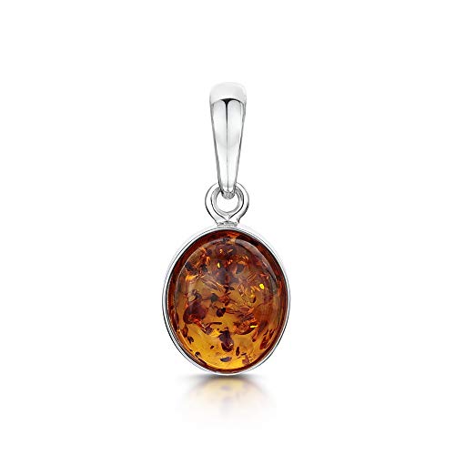 Amberta 925 Sterling Silver with Genuine Baltic Amber - Classic Oval Pendant for Women - Honey Stone Color