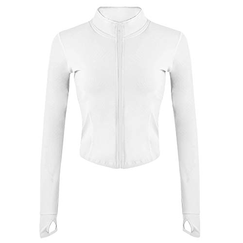 Gihuo Women's Athletic Full Zip Lightweight Workout Jacket Cropped Gym Yoga Track Jacket with Thumb Holes (White01, Small)