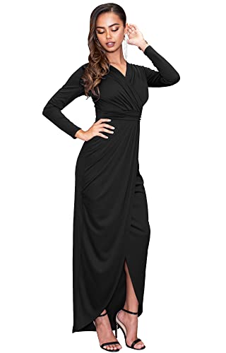 KOH KOH Womens Long Sleeve Full Length V-Neck Sexy Wrap Formal Winter Fall Cocktail Party Wedding Guest Dressy Evening Tall Gown Gowns Maxi Dress Dresses, Black M 8-10