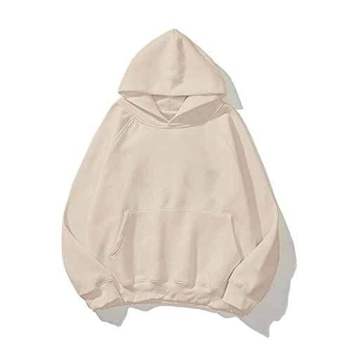 Lauweion Women Solid Basic Fleece Letter Loose Hoodie Sweatshirt Long Sleeve Kangaroo Pocket Drop Shoulder Pullovers Top Apricot