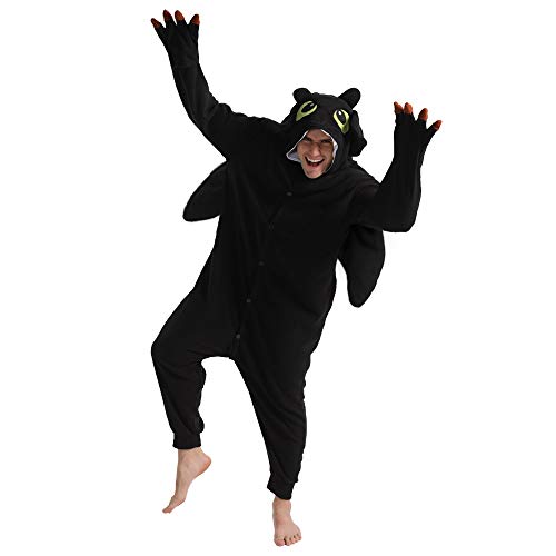 dressfan Animal Black Dragon Onesie Cosplay Costume Christmas Halloween Pajamas for Unisex Adults Teens Girls Boys