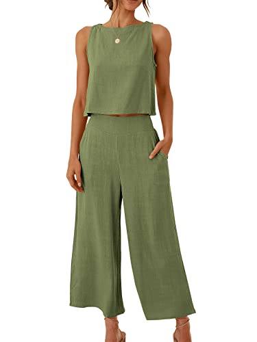 ANRABESS Women's Summer 2 Piece Outfits Sleeveless Crop Top Capri Wide Leg Pants Jumpsuit Casual Linen Lounge Matching Sets Beach Travel 2024 Trendy Clothes 546zhonglv-S