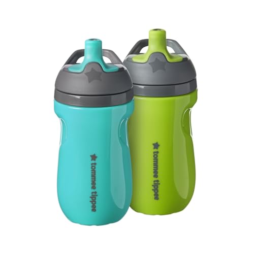 Tommee Tippee Insulated Sportee Bottle, 9oz, 12+ Months, Trainer Sippy Cup for Toddlers, Spill-Proof, Easy to Hold Handle, Green & Teal, Pack of 2