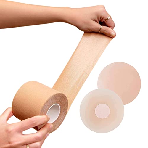 FLANCCI Boob Tape Boobytape for Breast Lift | Achieve Chest Brace Lift & Contour of Breasts | Sticky Body Tape for Push up & Shape in All Clothing Fabric Types with 2 pcs Nipple Covers (2” / Beige)