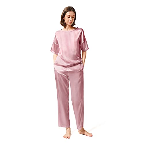 Mommesilk Silk Pajama Set for Women Washable Long Pant Summer Ladies Silk Sleepwear Pink Medium