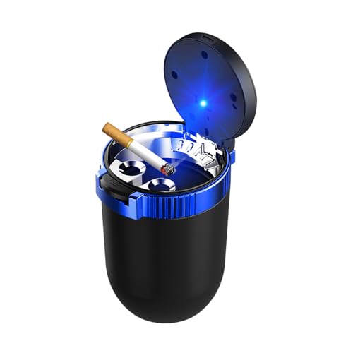 Dickno Car Ashtray with Lid, Detachable Stainless Smokeless Auto Ashtray, Portable Mini Vehicle Trash Can with LED Blue Light, Universal Interior Accessories for Cup Holder (Blue, 1 PC)