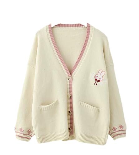 GK-O Mori Girl Kawaii Rabbit Japan JK Uniform Knit Cardigan Sweater Girl School Cosplay Sweater Vneck Long Sleeve(White)