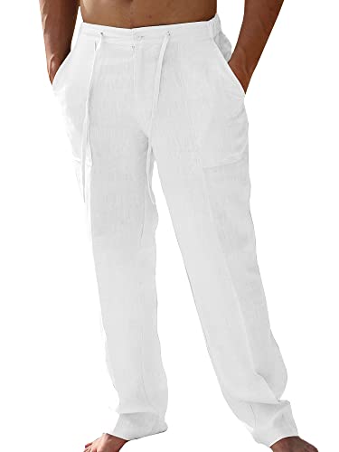 PASLTER Mens Casual Linen Pants Loose Fit Straight-Legs Elastic Drawstring Waist Summer Beach Yoga Long Pants A-White