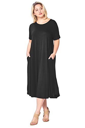 Modern Kiwi Plus Size Short Sleeve Flowy A-Line Pocket Midi Maxi Dress Black 3X