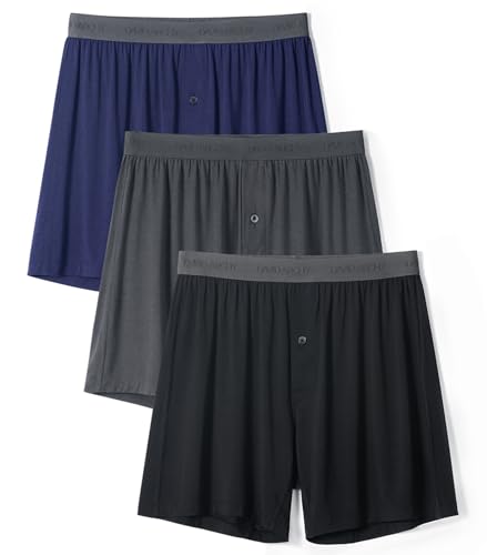 DAVID ARCHY Mens Underwear Bamboo Rayon Boxers for Men Breathable and Cool Men's Boxer Shorts with Button Fly 3 Pack (L,Navy Blue/Black/Dark Gray)