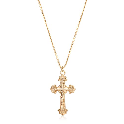 Fettero Crucifix Necklace Gold Faith Cross Pendant Vintage 14K Gold Plated Dainty Chain Minimalist Simple God Lords Prayer Religious Jewelry Gift