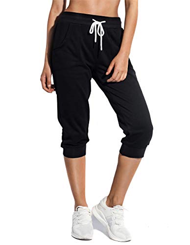 SPECIALMAGIC Women's Sweatpants Cropped Jogger French Terry Running Pants Lounge Loose Fit Drawstring Waist with Side Pockets Black Large