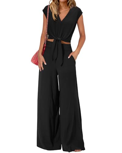 PRETTYGARDEN Women's Summer 2 Piece Outfits 2024 Cap Sleeve V Neck Belted Crop Tops Wide Leg Pant Sets Casual Tracksuit(Solid Black,Medium)
