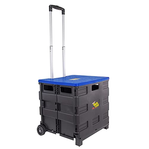 dbest products Quik Cart Collapsible Rolling Crate on Wheels for Teachers Tote Basket, 80 lbs Capacity, Blue Lid Made from Heavy Duty Plastic and used as a Seat