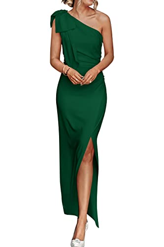 PRETTYGARDEN Women's Summer One Shoulder Long Formal Dresses Sleeveless Ruched Bodycon Wedding Guest Slit Maxi Dress (Dark Green,Medium)