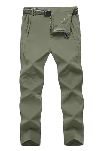 TBMPOY Men's Lightweight Hiking Pants with Belt 5 Zip Pockets Waterproof Quick-Dry Travel Fishing Work Outdoor Pants Thin Sage Green M
