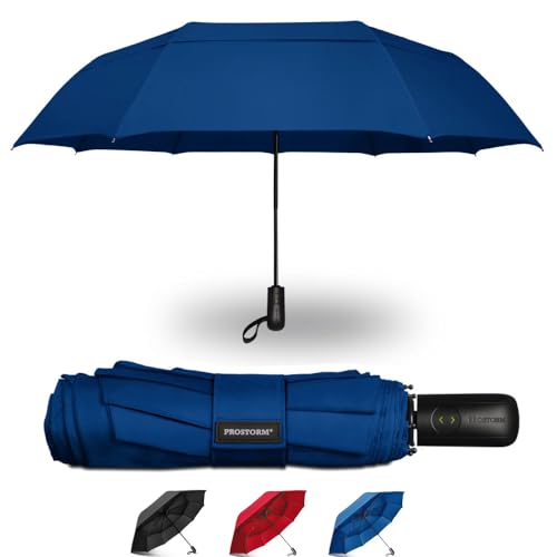 Prostorm Windproof Deep Dome Double Vented Travel Umbrella with Automatic Open & Close Pro Storm (Blue)