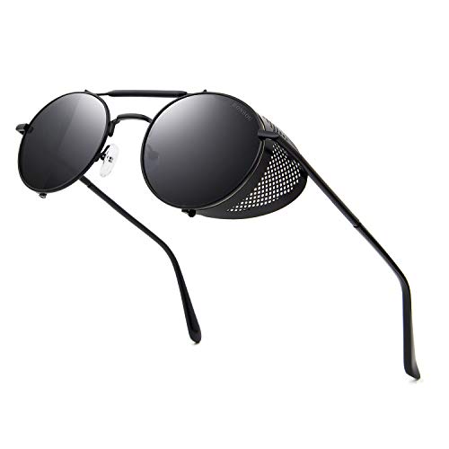 RONSOU Steampunk Style Round Vintage Sunglasses Retro Eyewear UV400 Protection Matel Frame black&grey