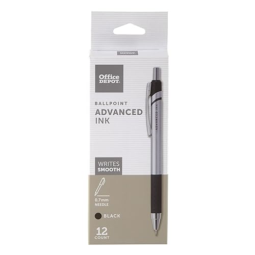 Office Depot Advanced Ink Retractable Ballpoint Pens, Needle Point, 0.7 mm, Silver Barrel, Black Ink, Pack Of 12