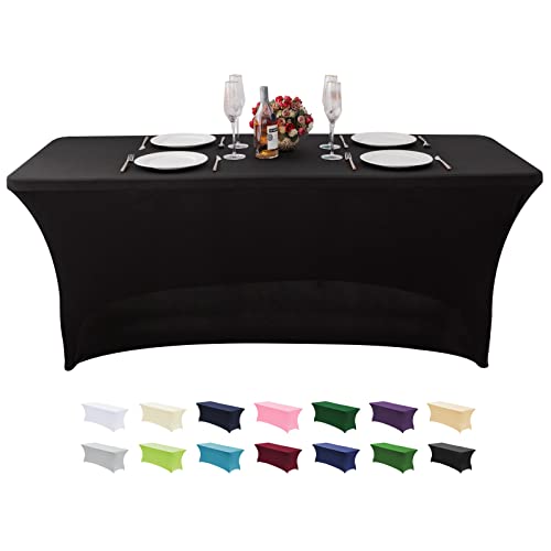 KSK 6FT Stretch Spandex Table Cover, Wrinkle Resistant Washable Fitted Table Cloths for Parties, Banquet, Wedding and Festival.(Black,6FT)