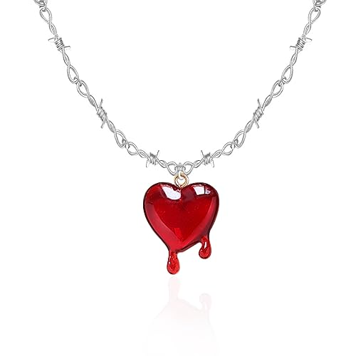 Gothic Bleeding Heart Necklace Dropping Blood Thorn Heart Pendent Choker for Men and Women
