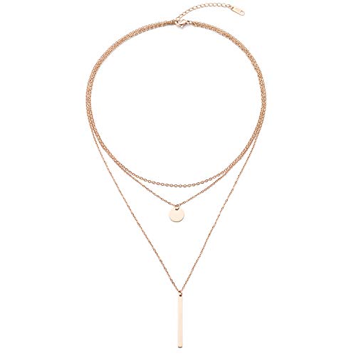 LETTARIUS Disc Bar Pendant Layering Necklace Stainless Steel Rosegold Cute Charm Multi Layered Chain Choker Collar Fashion Statement Jewelry for Women Girls X09RG