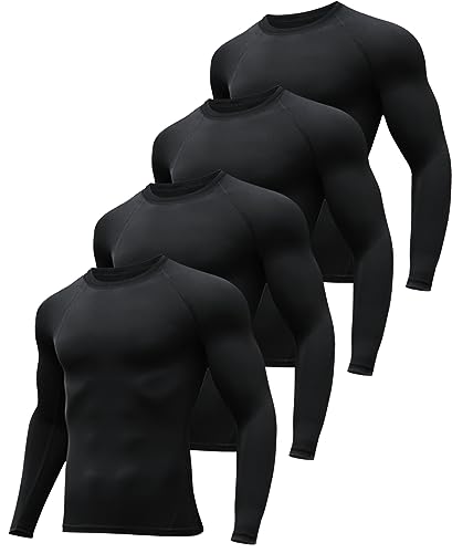 HOPLYNN 4 Pack Compression Shirts Men Long Sleeve Rash Guard Athletic Baselayer Undershirt Gear Tshirt for Sports Workout 4 Black Medium