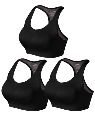 Match Womens Sports Bra Wirefree Seamless Padded Racerback Yoga Bra for Workout Gym Activewear with Removable Pads #001(1 Pack of 3(Black),M)