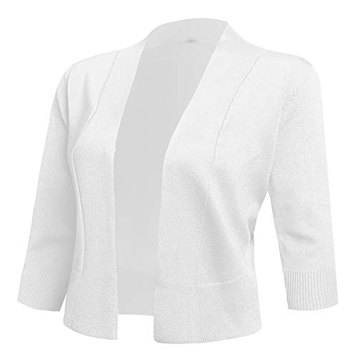 AAMILIFE Women's 3/4 Sleeve Cropped Cardigans Sweaters Jackets Open Front Short Shrugs for Dresses White L