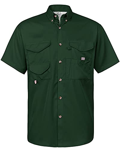 Alimens & Gentle Mens Short Sleeve Fishing Shirt Quick Dry Outdoor Sun Protection Shirts, Dark Green, XX-Large