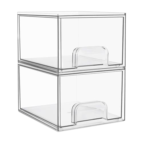 Vtopmart 2 Pack Stackable Makeup Organizer Storage Drawers, 4.4'' Tall Acrylic Bathroom Organizers,Clear Plastic Storage Bins For Vanity, Undersink, Kitchen Cabinets, Pantry Organization and Storage