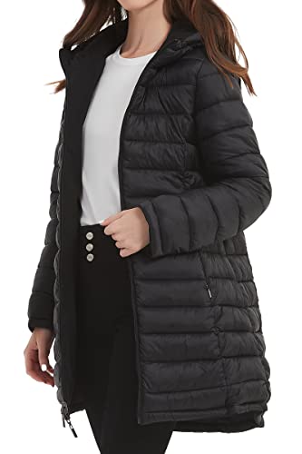 Bellivera Women Puffer Jacket Reversible Winter Warm Quilted Lightweight Long Hooded Padded Bubble Coat 207 Black L