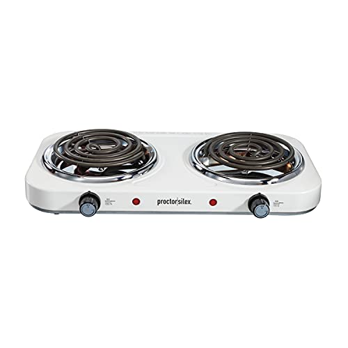 Proctor Silex Electric Stove, Double Burner Cooktop, Compact and Portable, Adjustable Temperature Double Hot Plate, 1700 Watts, White & Stainless (34116)