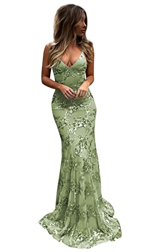 POMUYOO Dusty Sage Mermaid Prom Dresses for Juniors Long V-Neck Open Back Sequin Formal Dress Evening Gown Size 8