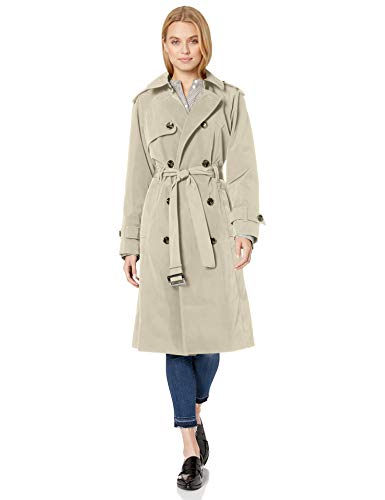 London Fog Women's Double-Breasted 3/4 Length Belted Trench Coat, Stone, L Large
