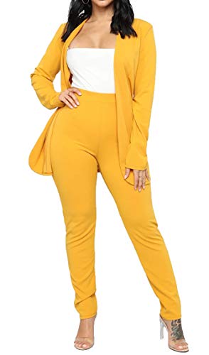 Aro Lora Women's 2 Piece Outfit Casual Solid Open Front Blazer and Pencil Pant Suits Set XX-Large Yellow