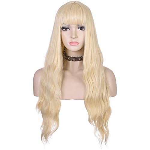 AMZCOS Long Wavy Wig with Bangs for Women Heat Resistant Synthetic Hair Wigs for Daily Use (Blonde)