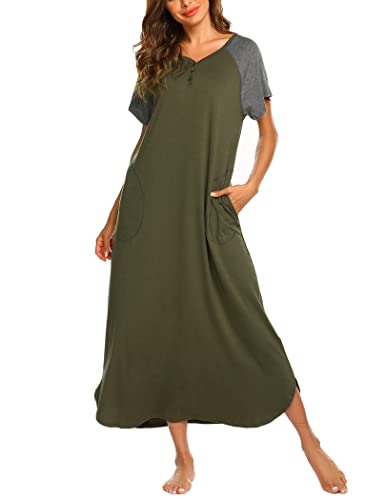 Ekouaer Women's Plus Size Petite Long Sleepwear Night Gown with Pocket (Army green,Plus Size S-4XL)