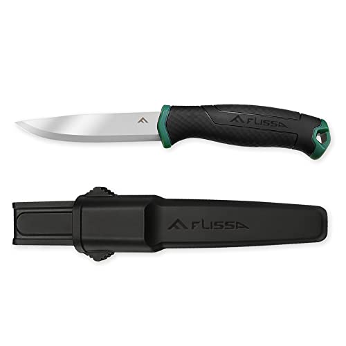 FLISSA Bushcraft Knife, Fixed Blade Knife with Nylon Sheath, Stainless Steel Blade, Ideal for Camping, Backpacking, Fishing, Hiking or Survival, 4 Inch