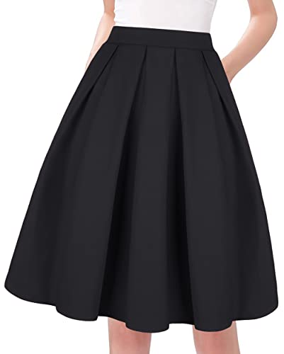 Tandisk Women's High Waist Flared Skirt Pleated Midi Skirt with Pocket Black M