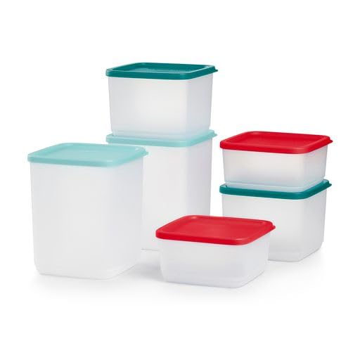 Tupperware Stacking Square Storage Set - Dishwasher Safe & BPA Free - (6 Clear Containers + 6 Colored Lids in Green & Red)