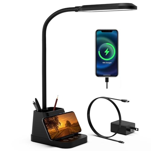 AXX LED Desk Lamp for Home Office, Small Desk Light for Bedrooms, Black Office Lamp for Small Spaces, USB Charging Port, 650LM, Gooseneck, Pen Holder, Study Lamps for College Dorm Room