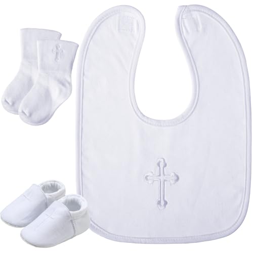 Hicarer 5 Pcs Baptism Gifts for Boys Girls Including White Embroidered Cross Bib Christening Shoes and Socks for Baby Infant Toddler First Communion Outfit (6-12 Month)