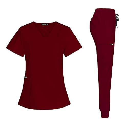 niaahinn Scrub Suit Set for Women Modern V-neck Top & Tapered Leg Jogger Pants with Drawstring Medical Nursing Uniforms Set (Burgundy,L)