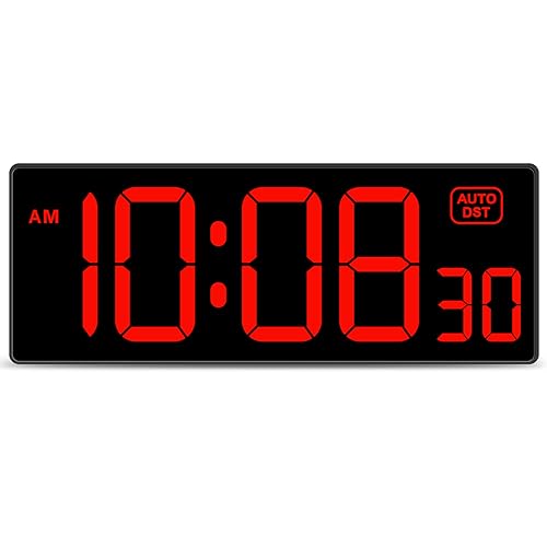 Soobest LED Digital Wall Clock with Seconds, Electric Clock Plug Auto DST Dimmer Large Display 10 Inches (Red)