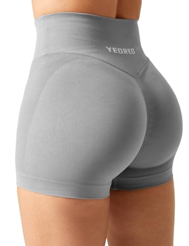 YEOREO Scrunch Workout Shorts Women Butt Lifting 3.5' Seamless V Waist Amplify Shorts Sport Gym Shorts Light Grey Medium