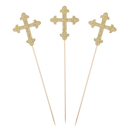 Gold Glitter Cross Centerpiece Sticks for Baptism Christening Party Decorations - Set of 10