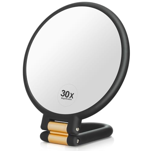 Martvex 1x 30x Magnifying Travel Mirror, Hand Mirror with Handle - Double Side Hand Held Mirror with 1x30x Magnification & Foldable Handle, Portable Travel Makeup Hand Mirror for Women (Black)